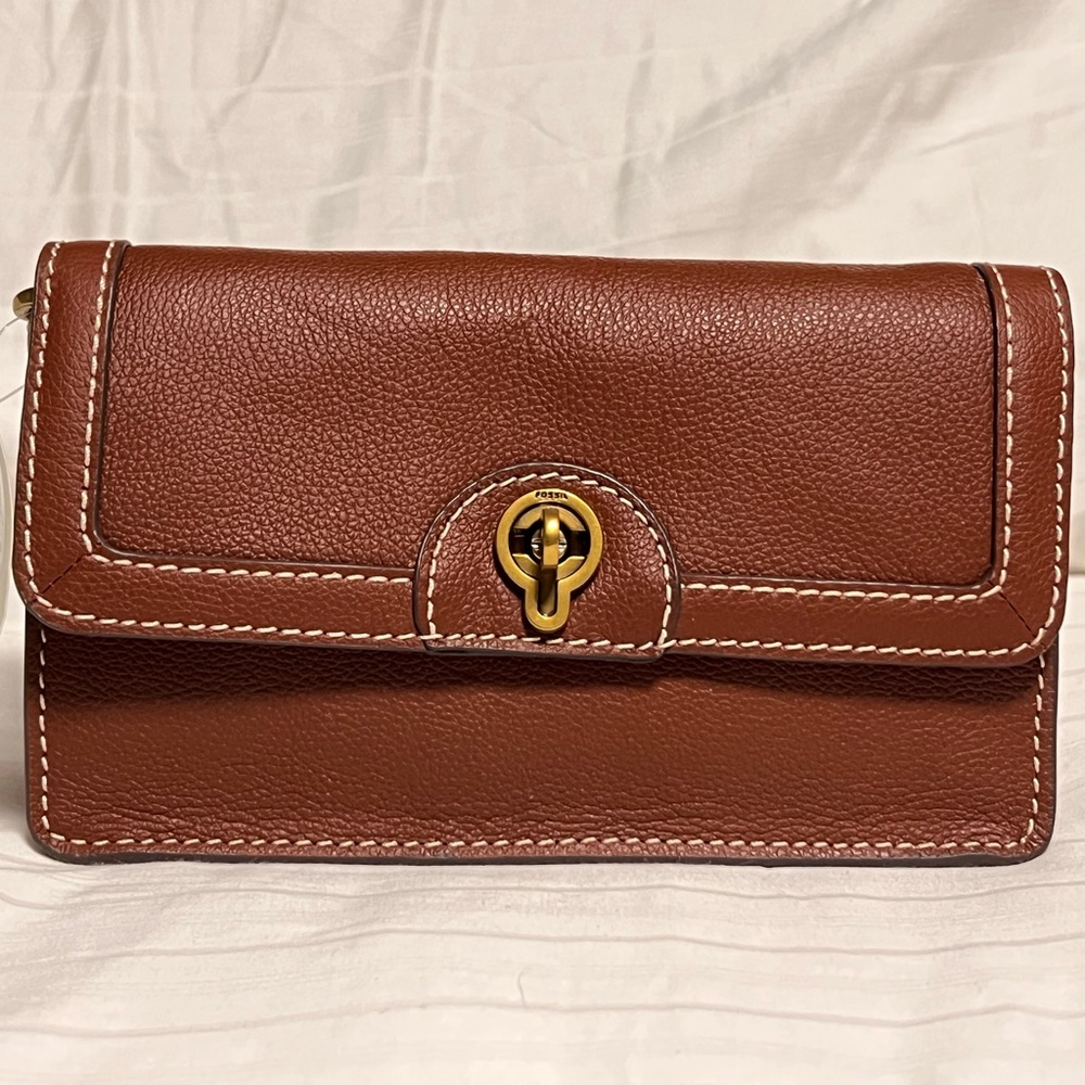 Fossil Chestnut Brown Leather Crossbody with Gold Turn-Lock